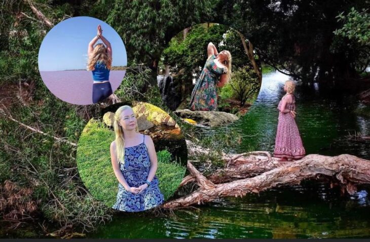 four images of Kasia in the slavic flow postures in circles on a back drop of a river scene